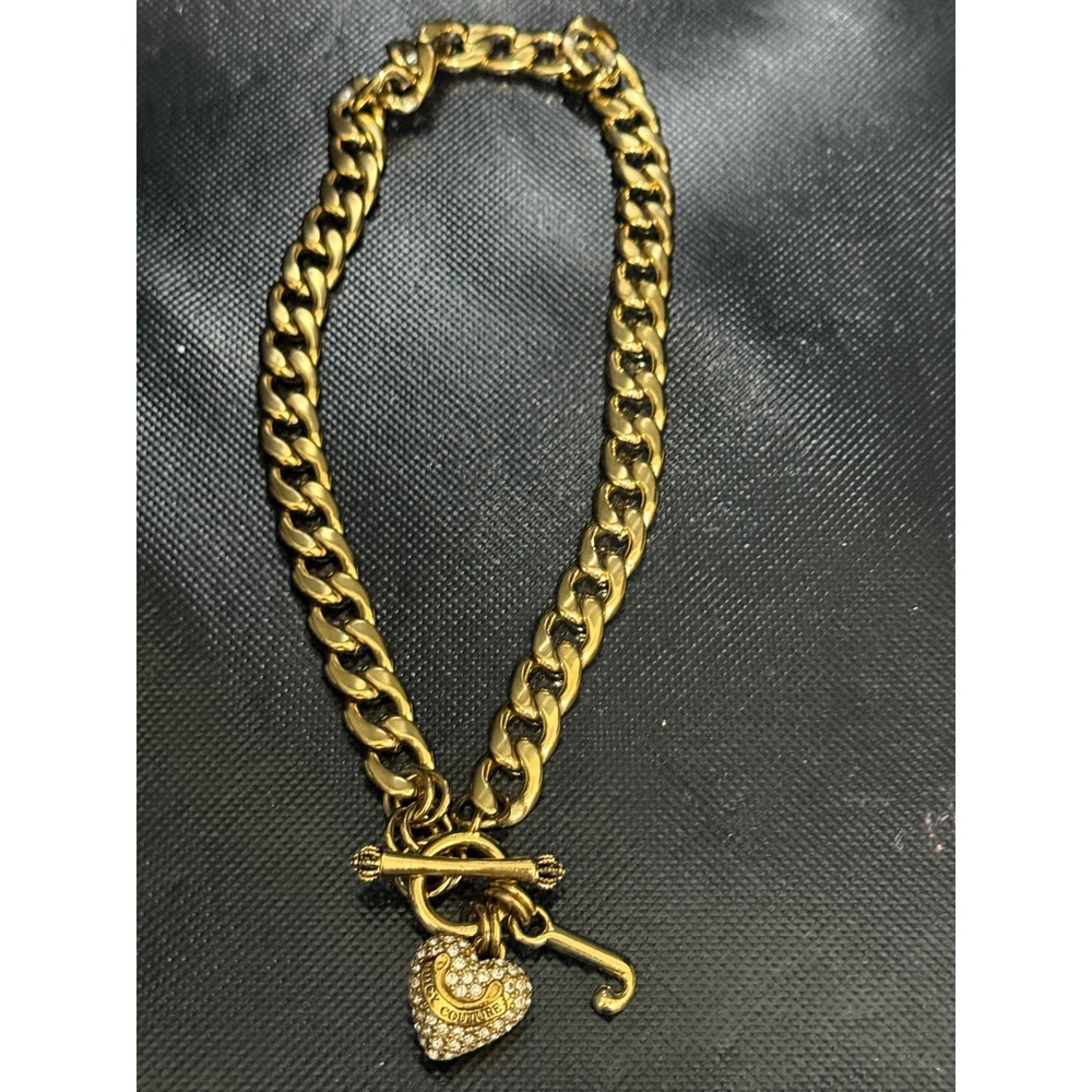 Juicy Couture Gold Tone Heart Charm Toggle Bracelet Crystal Rhinestone - Picture 5 of 5